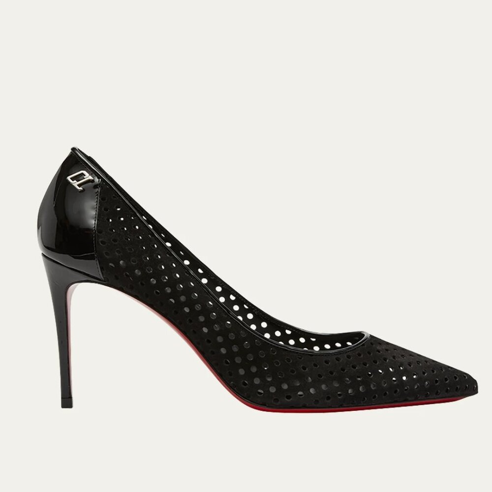 Christian Louboutin Black Perforated Pointed-Toe Pumps with Red Sole
